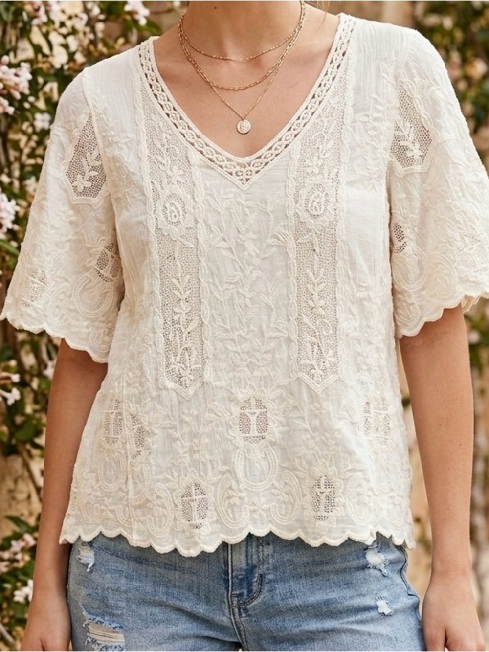 Democracy Ivory Boho Embroidered Crochet Lace Crinkle Cotton Flutter Sleeve Top